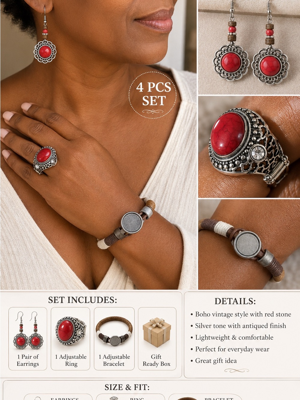Boho Red Stone Jewelry Set - 4 Piece (Earrings, Ring, Bracelet)